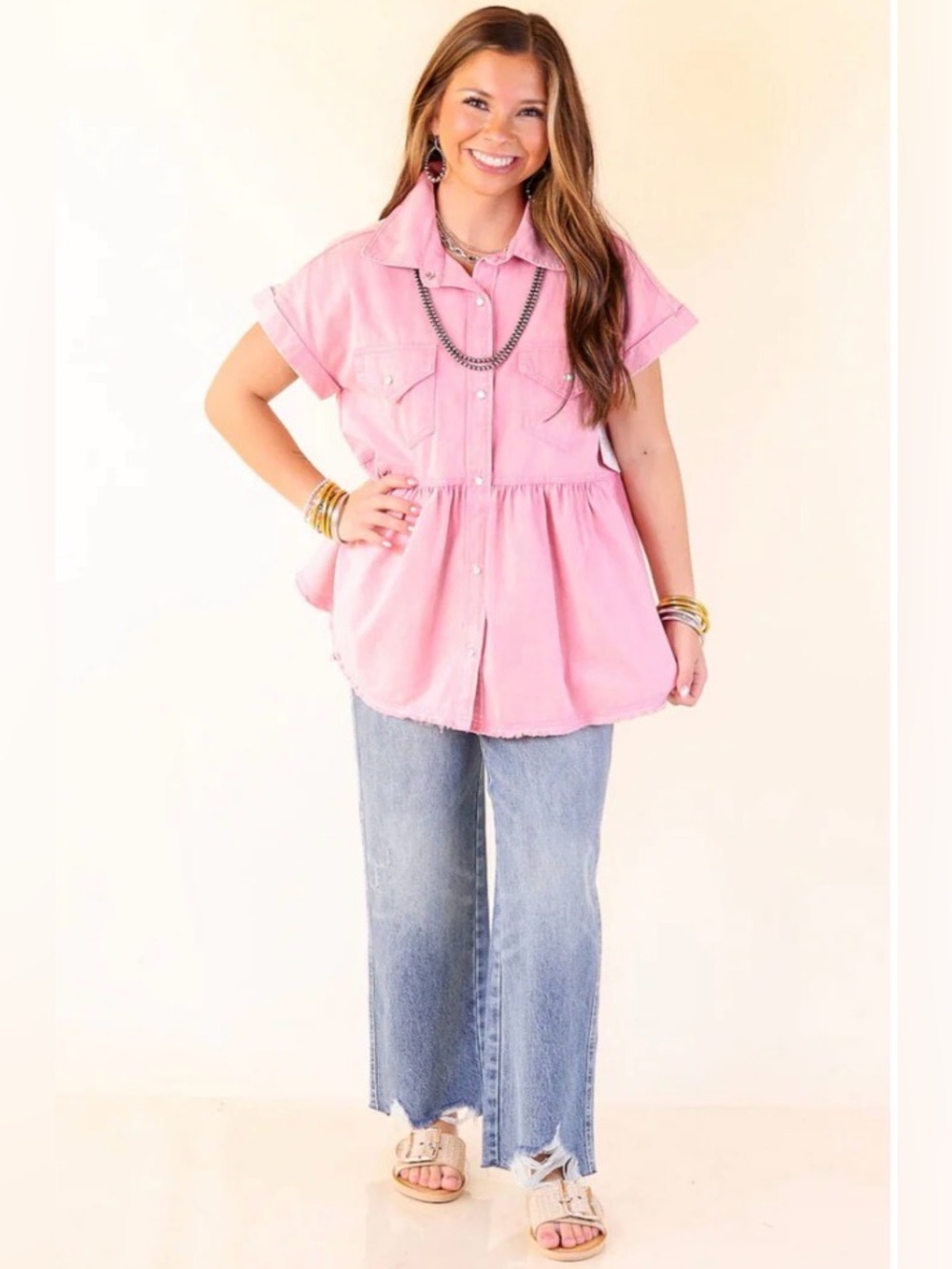 Vici Dylan Babydoll Peplum Shirt Jacket Ruffles Distressed Top Pink M